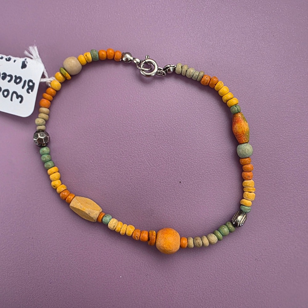Handmade Wood Bead Bracelet Earth Tone Orange Green Yellow Boho Artisan Jewelry